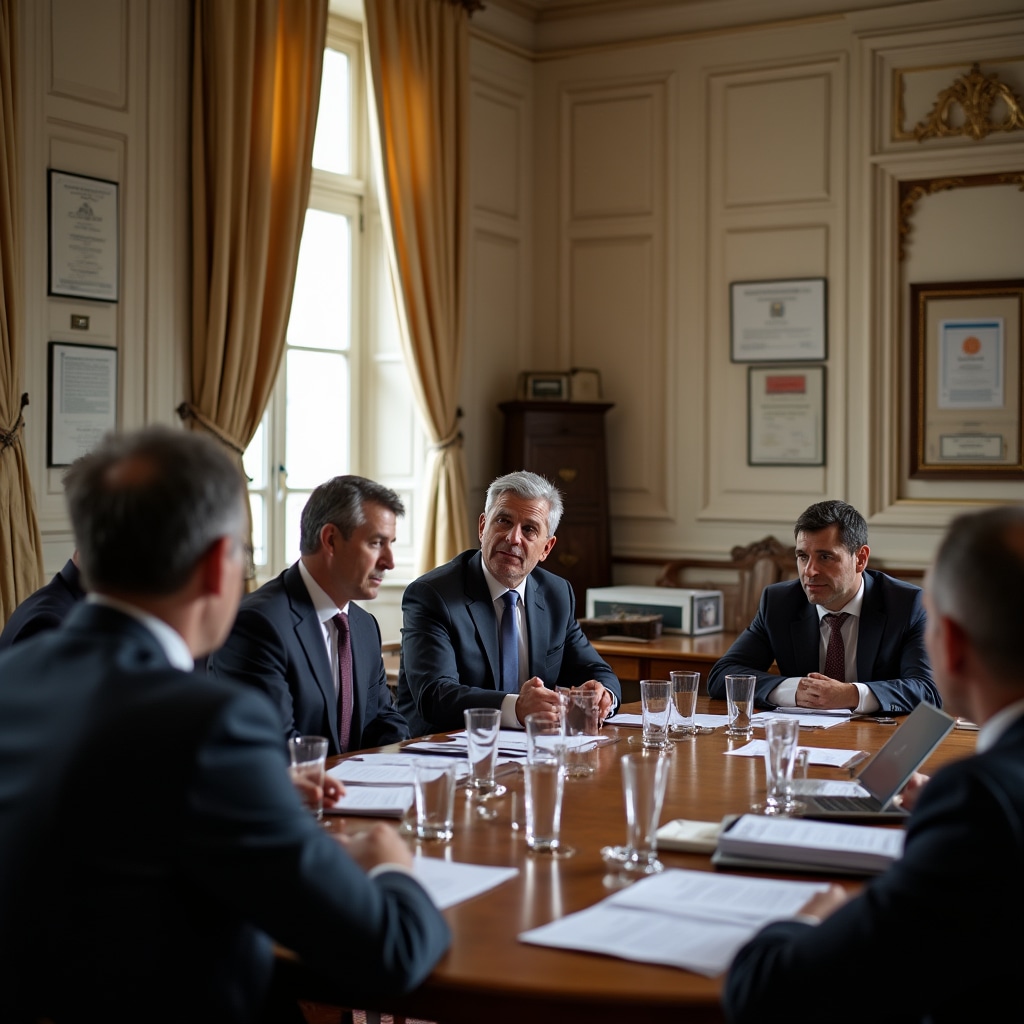 Riunione strategica di un'associazione di categoria con dirigenti e comunicatori